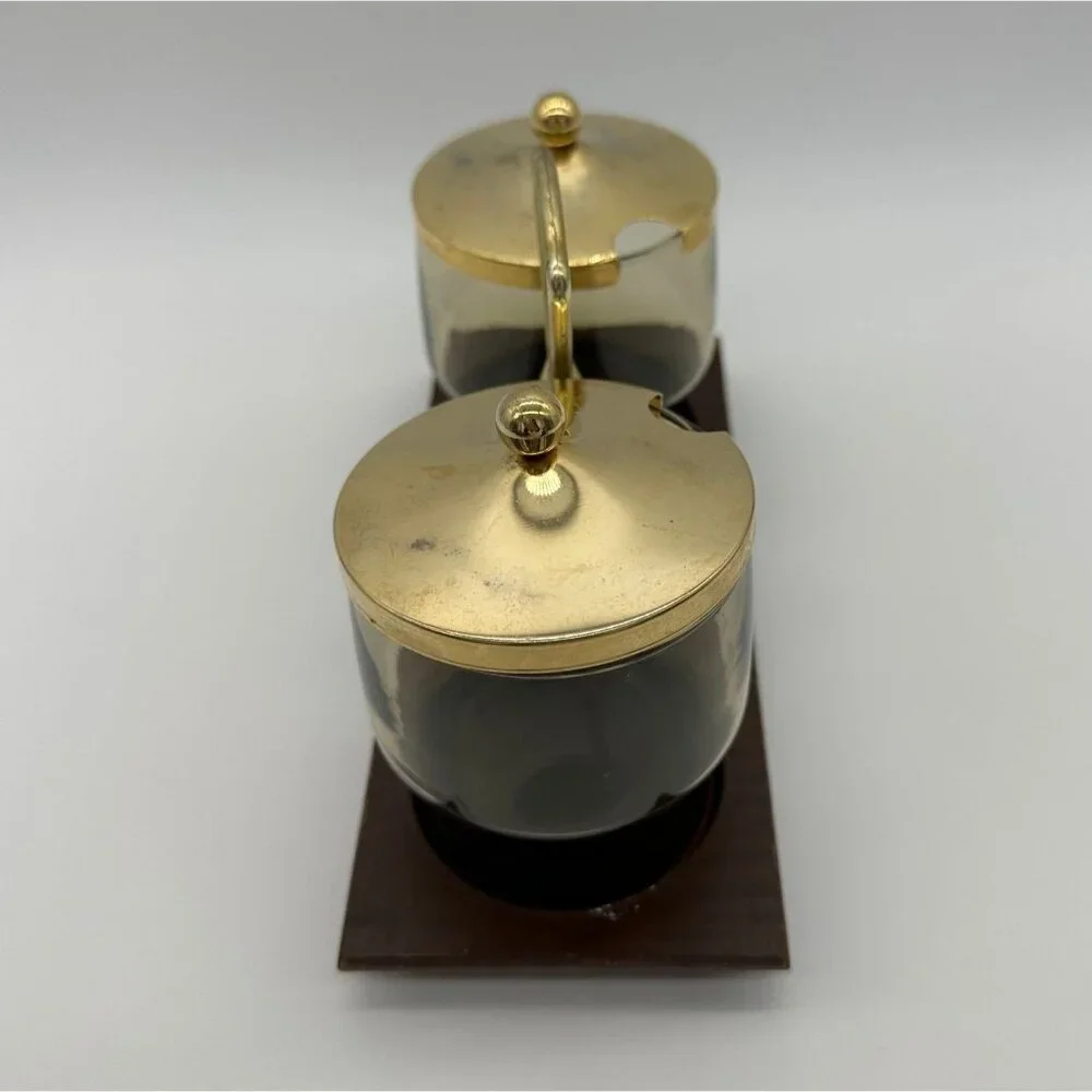 Vintage Condiment Serving Dish Wood Tray Smokey Glass Bowls Retro Gold Brown - Picture 2 of 9